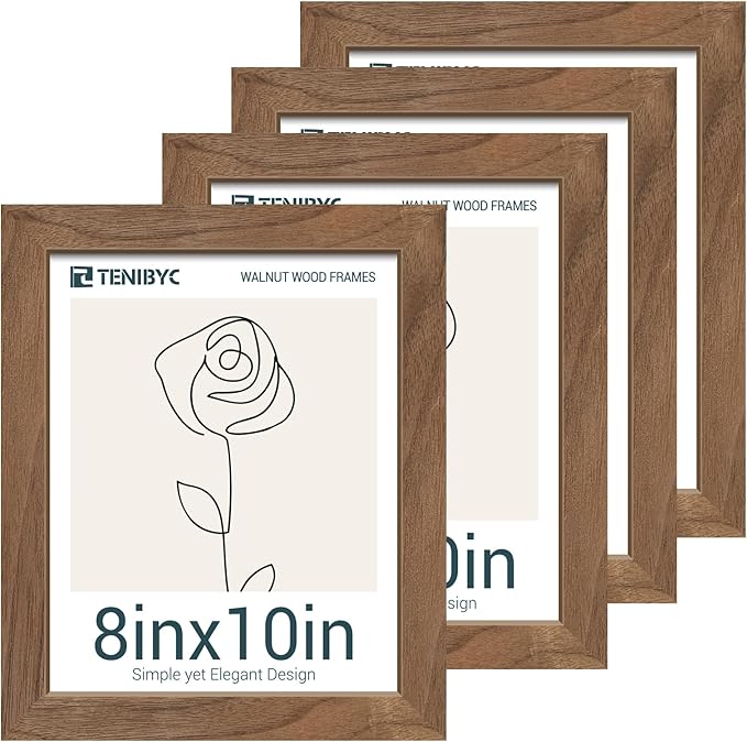 8x10 Picture Frame Set of 4, Brown Wood Grain, HD Tempered Glass, Natural Walnut Photo Frame, Table or Wall Display