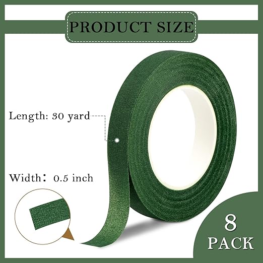 8 Rolls Floral Tape, 1/2" Wide Flower Tape, Dark Green Floral Tape for Fresh Flowers, Adhesive Florist Tape for Floral Crafts, Bouquet Floral Arranging Stem Wrapping, Wedding Bouquet, 30Yard