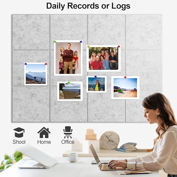 Large Cork Board for Walls 47" x 35" 12 Pack Black Bulletin Boards Felt Wall Tiles with Safe Removable Adhesive Corkboards for Office Home,Grey