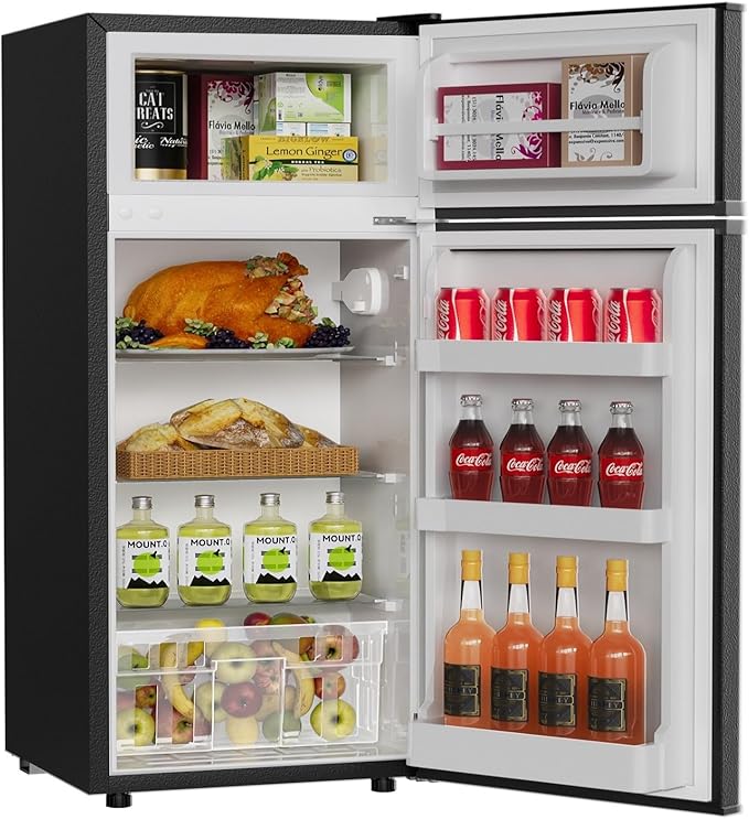 TABU 4.5 Cu.Ft Refrigerator with Top Freezer, Compact Double Door Fridge with Adjustable Thermostat & Removable Shelves, for Home, Office and Apartment, Black