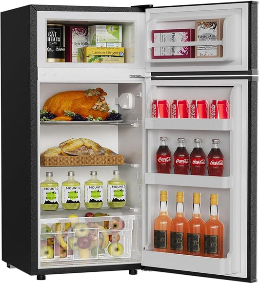 TABU 4.5 Cu.Ft Refrigerator with Top Freezer, Compact Double Door Fridge with Adjustable Thermostat & Removable Shelves, for Home, Office and Apartment, Black