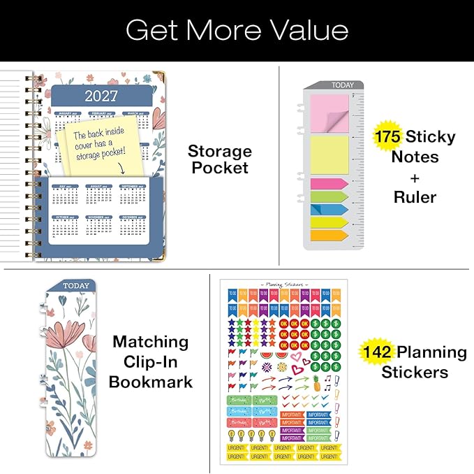 HARDCOVER 2026 Planner, 7"x9": 14 Months (November 2025 - December 2026), Daily Weekly Monthly Planner, Yearly Agenda, Bookmark, Pocket Folder and Sticky Note Set (Colorful Botanicals)