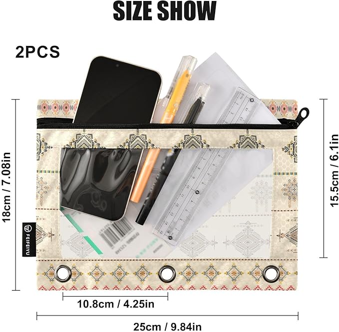 ZAZYXTJ Personalized Western Aztec Binder Pencil Pouchs 3 Ring with Zipper Clear Window Office Organizers bag for School Students Teacher Supplies 2 Pack
