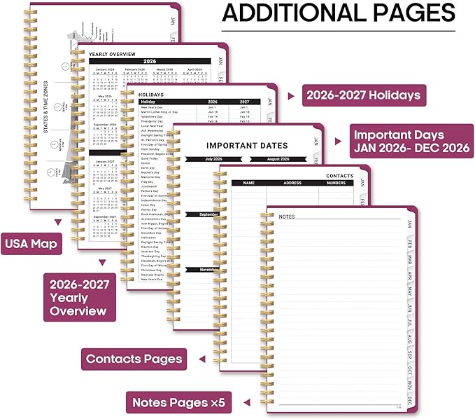 2026 Planner, Weekly and Monthly Calendar Planner Book, January 2026 - December 2026, Hardcover Spiral Planner with Monthly Tabs, Notes Pages, Perfect for Women & Men, A5 (6.4" x 8.5") - Raspberry