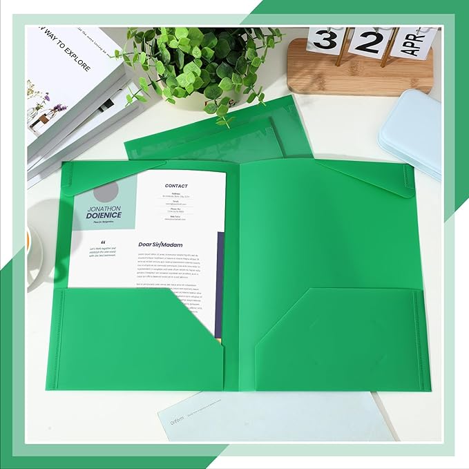 Henoyso 60 Pcs Plastic Folders with Clear Front Pockets Heavy Duty File Folders with 2 Pockets and Card Slot for Student Communication School Office Presentation Report (Green)