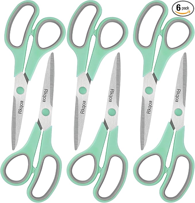 Scissors, Rkqoa 8" All Purpose Office Scissor 6 Pack - Comfort-Grip Sharp Shears for Office School House Sewing Fabric Crafts Arts Desk Classroom Supplies, Teacher/Class Scissors