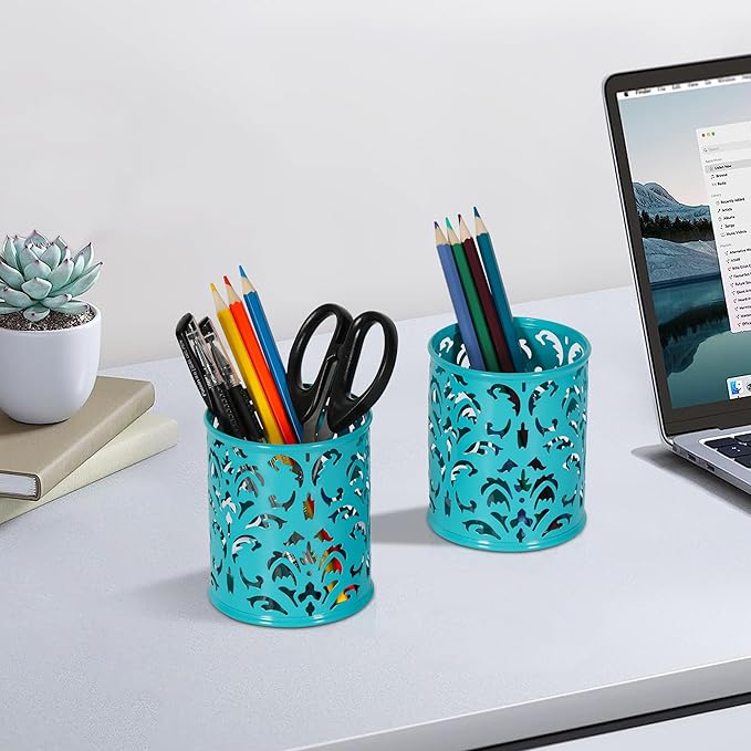 EasyPAG Metal Round Pen Holder 2 Pack Desk Pencil Organizer for Classroom, School & Office,Dark Teal