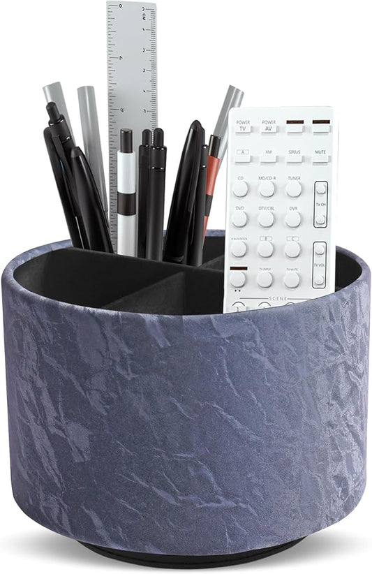 Hennaja Round Leather Art Supply Organizer,Remote Control Holder,360 Degree Spinning,Multi-Functional Pencil Holder,4 Compartments Desktop Stationary Organizer(1-Hill Blue)