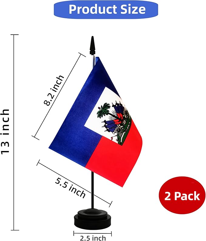 2 Pack Haiti Desk Flag, Haitian Table Office Flag with Solid Pole and Stand Base, International Country Flag, Festival Celebration, Classroom Meeting Desktop Decoration (Haiti)