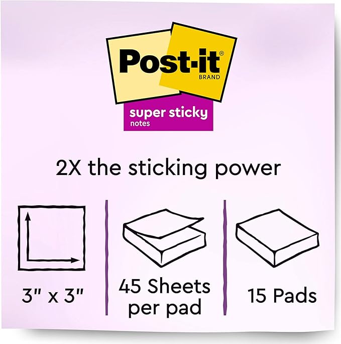 Post-it Super Sticky Notes, Assorted Bright Colors, 3x3 in, 15 Pads/Pack, 45 Sheets/Pad, 2X The Sticking Power, Recyclable, Multi-Color