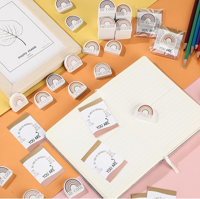 80 Sets Back to School Gifts for Students Rainbow Erasers Bulk with Greeting Cards 3D Novelty Desk Erasers for Kids Birthday Party Favors Classroom Rewards