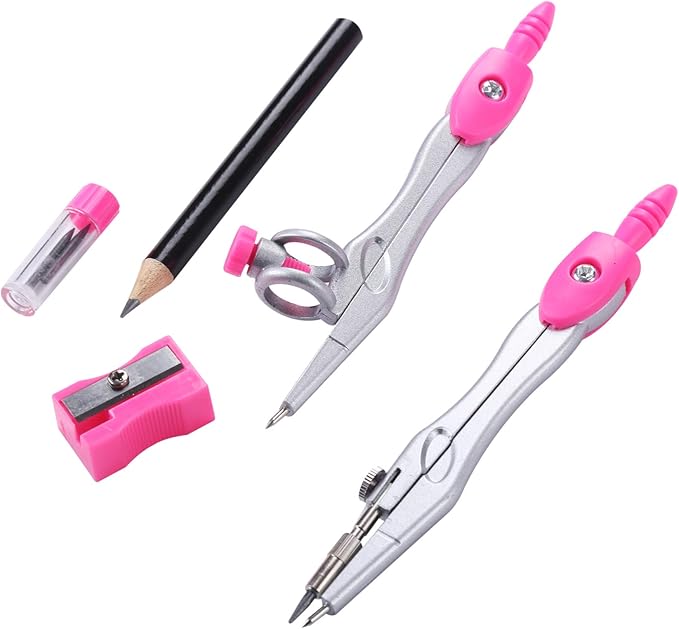 Math Geometry Kit Sets 10 Piece Student Supplies with Shatterproof Storage Box,Includes Rulers,Protractor,Compass,Eraser,Pencil Sharpener,Lead Refills,Pencil,for Drafting(Pink）