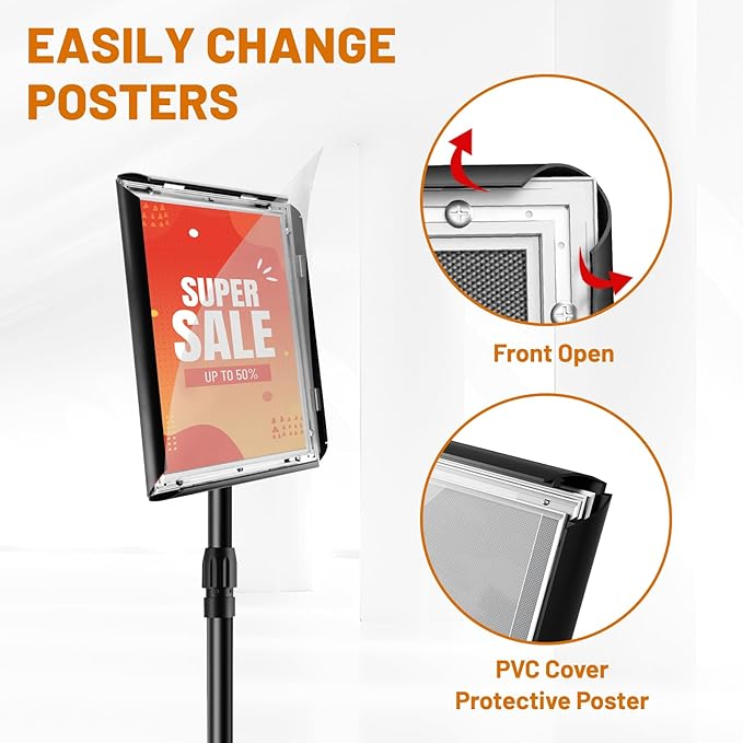 Poster Sign Stand Holder Adjustable Heavy Duty Aluminum Pedestal Floor Standing Sign Holder Vertical and Horizontal View Sign Displayed Snap Open,Advertising Display Stand (Black, 8.5x11inches)