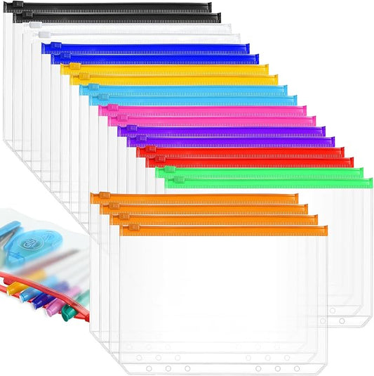 40 Pieces 6 Ring Binder Zipper Pouch, 6 Hole Binder Pockets with Zipper Bulk Binder Folders Plastic Binder Pouch Loose Leaf Bags Waterproof PVC Document Filing Bag(Colorful, A5)