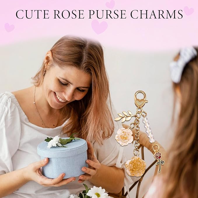 Rose Purse Charms Cute Flower Keychain With Heart Sticker Charm Chain For Kindle Colorful Bag Charms For Handbags