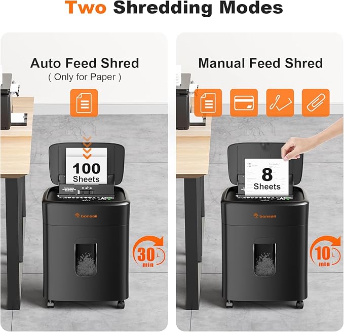 Bonsaii 100 Sheets Auto Feed Paper Shredder, Up to 30 Minutes Shredders for Home Office Use, Micro-Cut Heavy Duty Shredder / 4.2 Gallons/Security Level P-4 (C231-D)