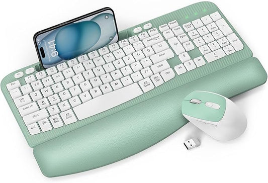 Wireless Keyboard and Mouse Combo, Wave Keys Full-Sized Ergonomic Keyboard with Cushioned Plam Rest, Phone Holder, Comfortable Natural Typing, 2.4G Cordless Set for Computer, Laptop, PC, Mac, Windows