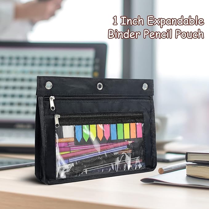 YoeeJob 1 Pack Pencil Pouch for 3 Ring Binder, Expandable Binder Pouches with Zipper, Large Capacity Pen Holder Case with Clear Window School Class Office Organizers, Black