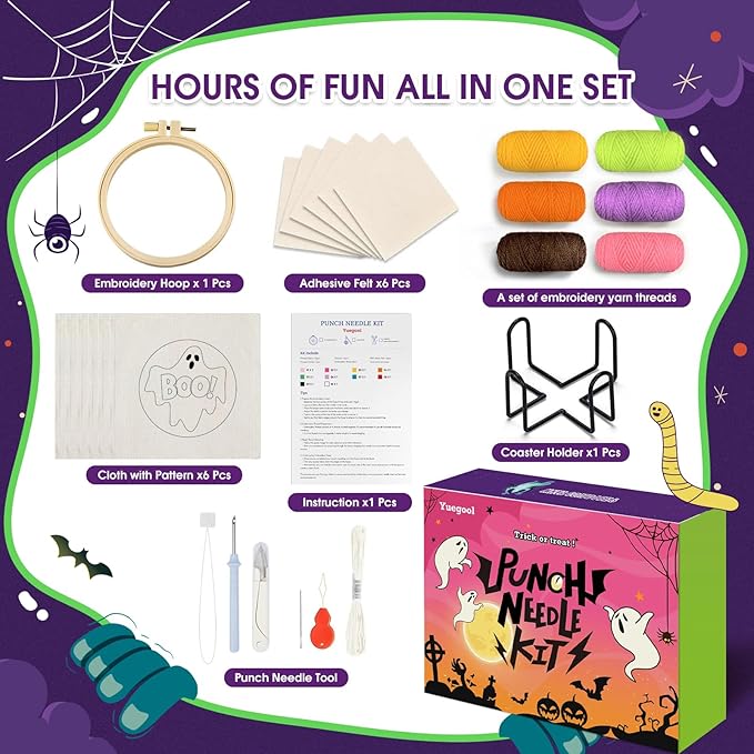 yuegool 6PCS Enchanted Oddities Punch Needle Coasters Kit – Easy DIY Embroidery Kit for Beginners, Adults & Kids | Includes Patterns, Tools, Yarns, Hoop, Instructions, Coaster Holder