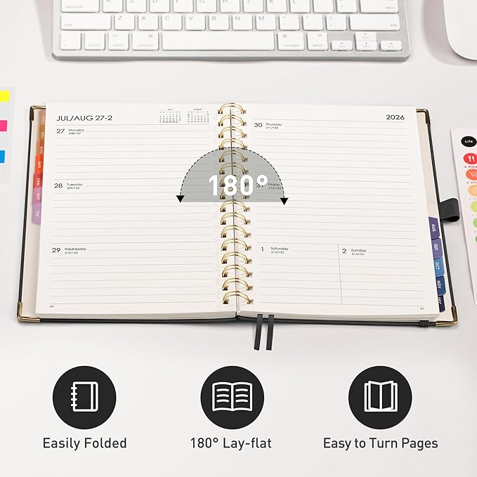 RETTACY 2026 Planner, Weekly and Monthly, Medium Size (5.7" x 8.3"), Jan - Dec 2026, Agenda, Calendar, 12 Month Tabs, Hardcover, 100 GSM Thick Paper, Spiral-bound (Black)