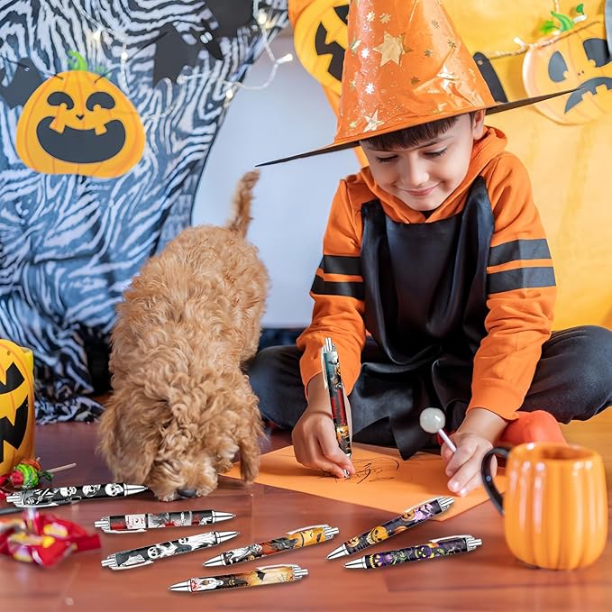 Idealmuzik Halloween Pens Set – Fun Ballpoint Pens for Adult, Students, and Stationery Lovers – Smooth Writing Pens for School, Journaling, or Party Favors – Haunted Holiday Design, 8 Pack