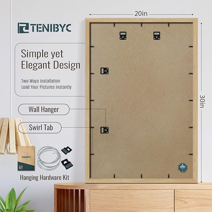 20x30 Frame Set of 3, Natural Oak Wood Poster Frame, Horizontal or Vertical Wall Hanging for Photo, Poster, Map and Puzzle