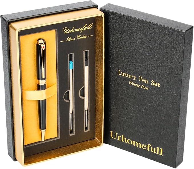 Stunning Ballpoint Pen with 24K Gold Trim, Switzerland Tip Point with Refills, Luxury Ball Point Pen Gift Set for Men Women, Nice Writing Pens for Drawing Chirtmas Black