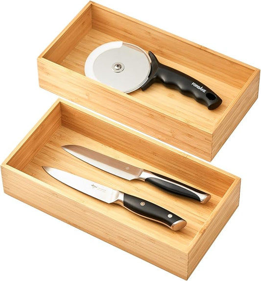 Umilife Bamboo Kitchen Utensils Organizer, Extra High Silverware Drawer Holder, Flatware Cutlery Storage Box, Multi-Use Drawer Divider in Office, Bathroom, Pantry - 12"x6"x2.5" (Set of 2)