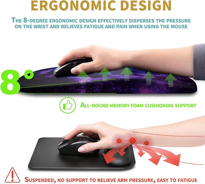 Hokafenle Ergonomic Mouse Pad Wrist Support with Massage Design, Wrist Rest Pain Relief Mousepad with Memory Foam&Non-Slip PU Base, Mouse Pads for Wireless Mouse & Desk (12x8 inch,Galaxy)
