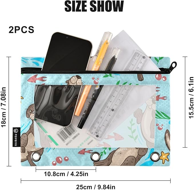 ZAZYXTJ Otter Binder Pencil Pouchs 3 Ring with Zipper Clear Window Office Organizers bag for School Students Teacher Supplies 2 Pack