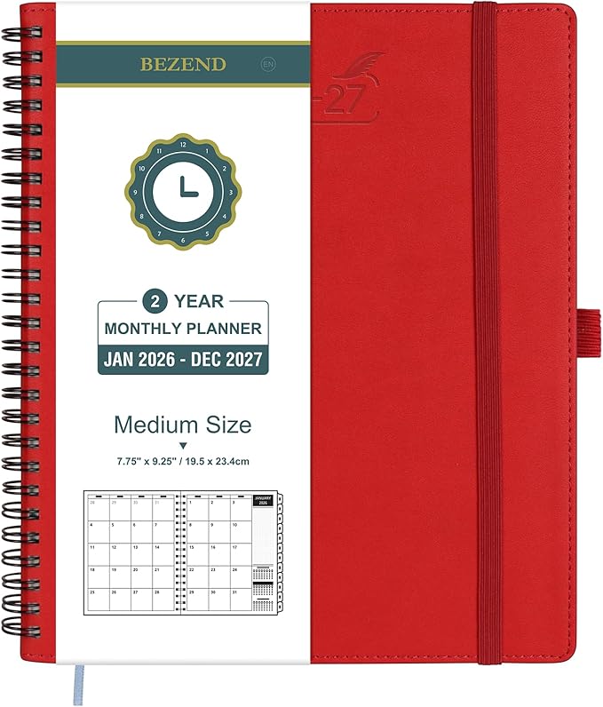 BEZEND Monthly Planner 2026-2027 (Spiral-7" x 9") 2 Year Calendar Book with Note Pages - Jan 26 to Dec 27-120 GSM Paper, Inner Pockets, Laminated Tabs, Vegan Leather Softcover - Red