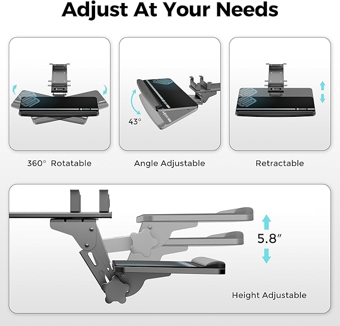 EUREKA ERGONOMIC Keyboard Tray Height Adjustable, Swivel Tilt Computer Keyboard Drawer Under Desk, 25x9.13'' Sliding Keyboard & Mouse Platform with Mouse Pad for Typing, Black