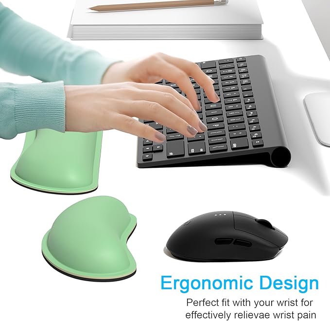 Dapesuom Keyboard Wrist Rest Set, Cute PU Leather Wrist Cushion for Computer Keyboard and Mousepad, Memory Foam Mouse Pad Rests Support with Non-Slip Base for Typing Pain Relief, Laptop, Mint Green