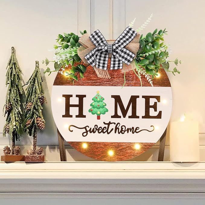 HOMCDALY Interchangeable Welcome Sign for Front Door with 14 Changeable Icons, Door Wreaths for Front Door with 12 LED Lights, Farmhouse Rustic Welcome Door Hanger Wall Sign, Porch Decorations(White)