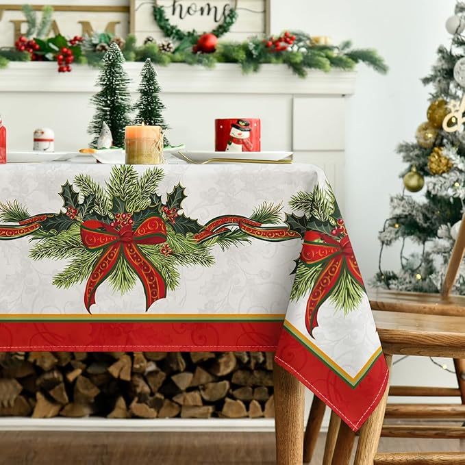 Horaldaily Christmas Tablecloth 60×104 Inch, Poinsettia Golden Ribbon Washable Table Cover for Party Picnic Dinner Decor