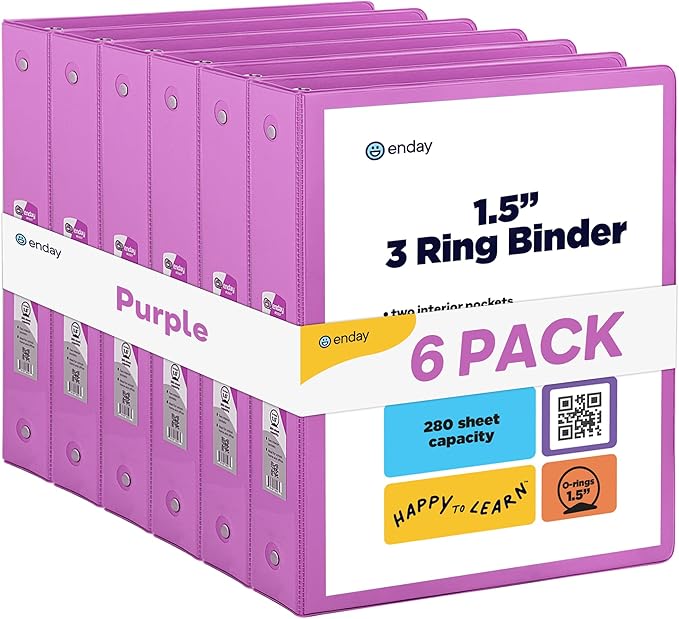 3 Ring Binder Purple, 1.5 Inch Clear View Cover with 2 Inside Pockets Binder, Colored School Supplies 1 ½ Inch Round Ring Binders, Also Available in Red, Blue, Pink, Green, and Grey (6 PC) – by Enday