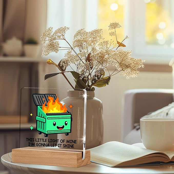 Dumpster Fire Desk Accessories, Funny Dumpster Fire Acrylic Plaque Gifts for Coworkers Friends, Employee Appreciation Gifts, This Little Light of Mine Office Desk Signs Decor 4 × 4 Inches