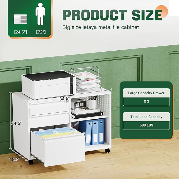 Letaya Mobile 3 Drawer File Cabinet with Lock-Metal Lateral Rolling Printer Stand Filing Cabinets for Home Office-Storage A4/F4/Letter (White)