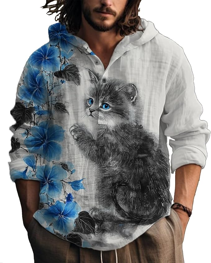 MARSVOVO Hooded Long Sleeve Shirt Men Fashion Graphic Button Up Lightweight Big and Tall Casual Vacation Shirts for Men