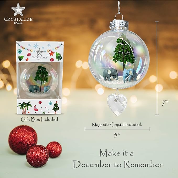Elephants Christmas Ornament - Handmade Shatterproof Decorations for Indoor Outdoor Xmas Tree - Clear Ball Ornaments with Magnetic Crystal - Great Gift or Stocking Stuffer for Mom, Sister, Friend