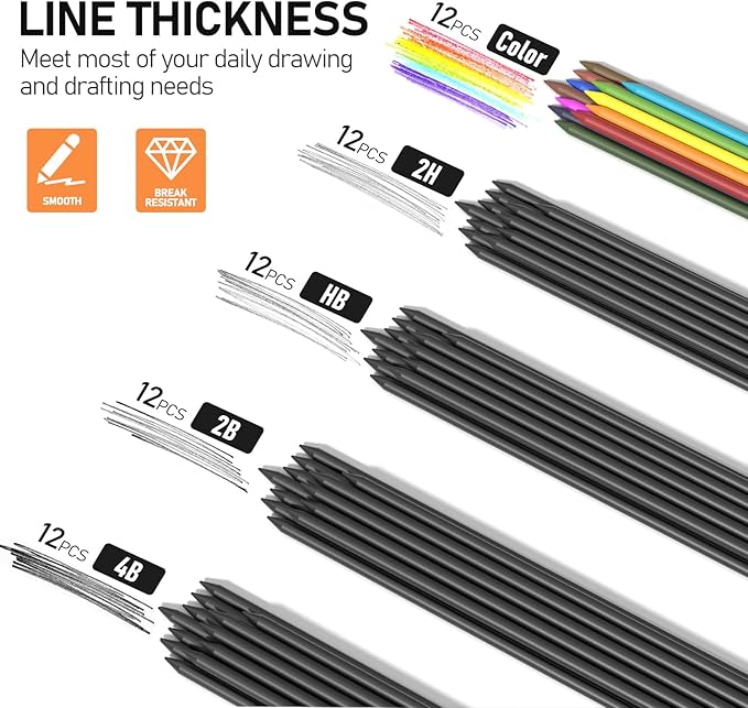 Four Candies 2MM Mechanical Pencil Set with case, Artist Led Pencil Metal Lead Holder with 60PCS Graphite Lead Refill (HB, 2H, 2B, 4B, Color) Kneaded Eraser, Sharpener for Writing, Drawing, Sketching