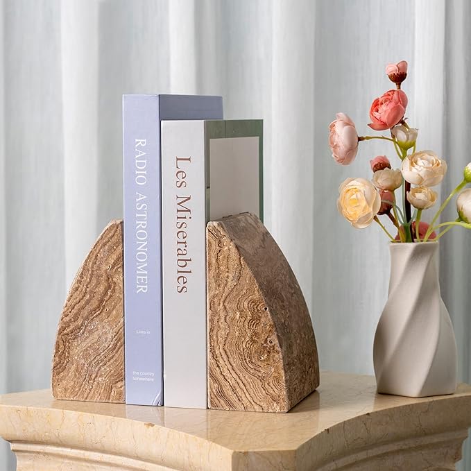 Koville Travertine Bookends for Shelves, Large Stone Bookends for Heavy Books, Non-Slip Heavy Duty Book Stopper for CD/Movies, Aesthetic Decorative Book Ends for Bookshelf Table Home Decor(Brown)