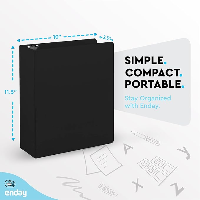 2 Inch 3 Ring Binder 2” Black, Slant D-Ring 2 in Binder Clear View Cover with 2 Inside Pockets, Heavy Duty Colored School Supplies Office and Home Binders – by Enday
