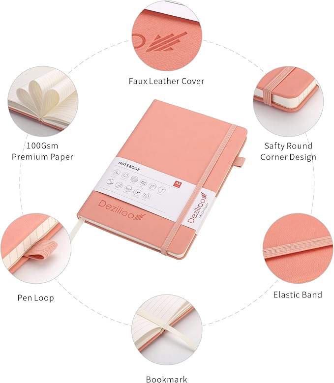 Deziliao Lined Journal Notebooks with Pen Loop, Hardcover Notebook Journal for Work, 100Gsm Premium Thick Paper with Inner Pocket, Medium 5.7''''x8.4'''', ?Pink, Ruled, 1 Pack