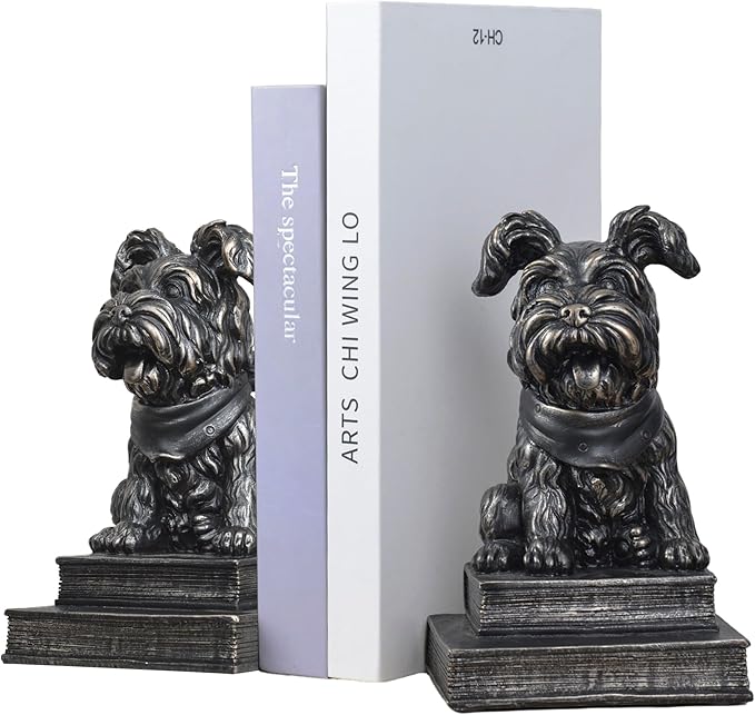 Vintage Antique Dog Bookends,Decorative Book Ends for Shelves,Creative Resin Schnauzer Statues Book Holders for Desk Home Office Bookshelf Decoration,Gifts for Dog Enthusiasts