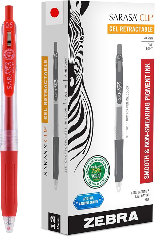 Zebra Pen Sarasa Clip Recycled Retractable Gel Pen, Fine Point, 0.5mm, Red Ink, Ideal for School Suppies and Teacher Supplies, 75% Recycled, 12-Pack (47330AMZ)