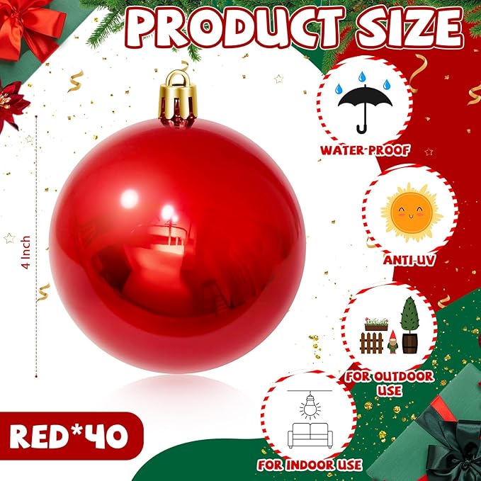 80 Pcs Christmas Ball Ornaments 4 Inch UV Resistant and Waterproof Shatterproof Shiny Plastic Christmas Tree Hanging Ornaments Decoration for Indoor Outdoor Holiday Party(Red)