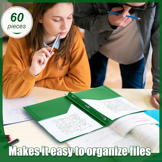 Yeaqee 60 Pcs Plastic Folders with Pockets and Prong Plastic Folders with 2 Pockets Pocket for Office, School for Students, Teachers, Office Workers (Dark Green)