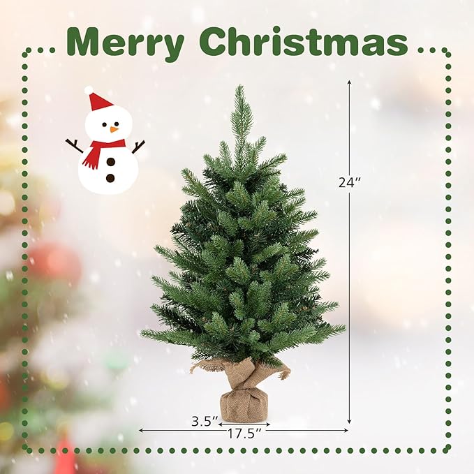 HAPPYGRILL 2 FT Tabletop Christmas Tree, Battery Operated Artificial Xmas Tree with 35 Warm White LED Lights, Small Spruce Fir Tree with 234 Tips and Solid Cement Base for Home Decor