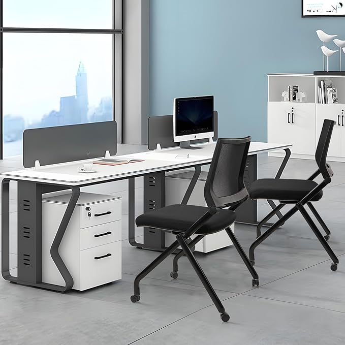 CLATINA Stackable & Foldable Conference Room Chairs, Waiting Room Chairs with Wheels & Lumbar Support, Ergonomic Mesh Bouncing Back Folding Chair for Office Meeting Schools Training, Black